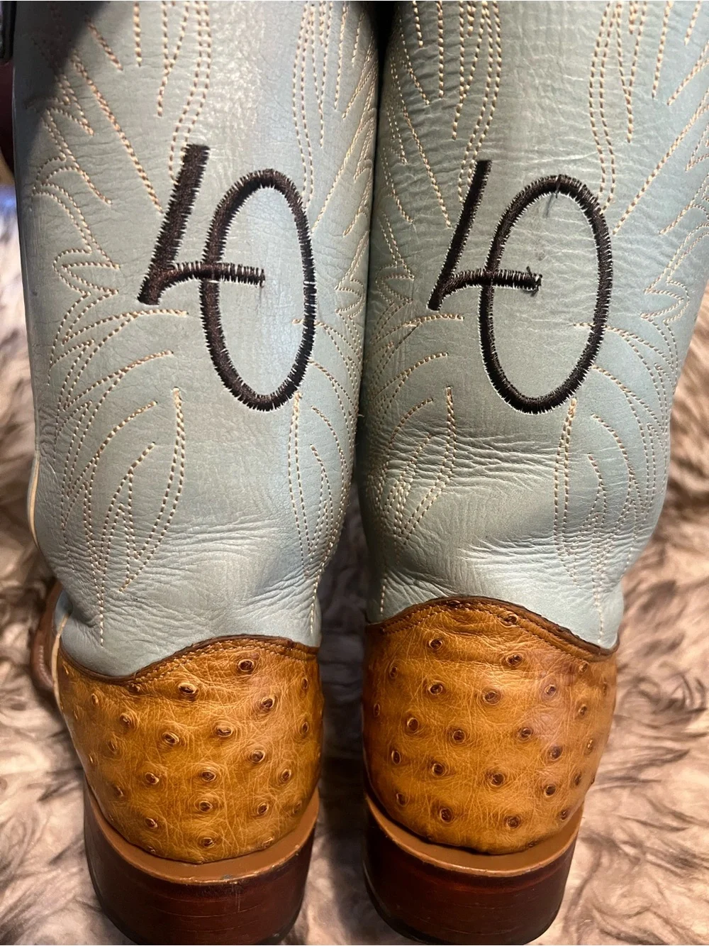 JM Collection Tan Ostrich Leather Western Boots with Light Blue Shaft Sz 8 D